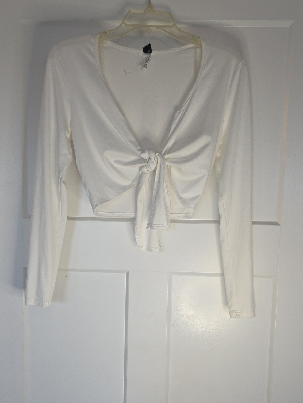 White Long-Sleeve Tie-Front Crop Top